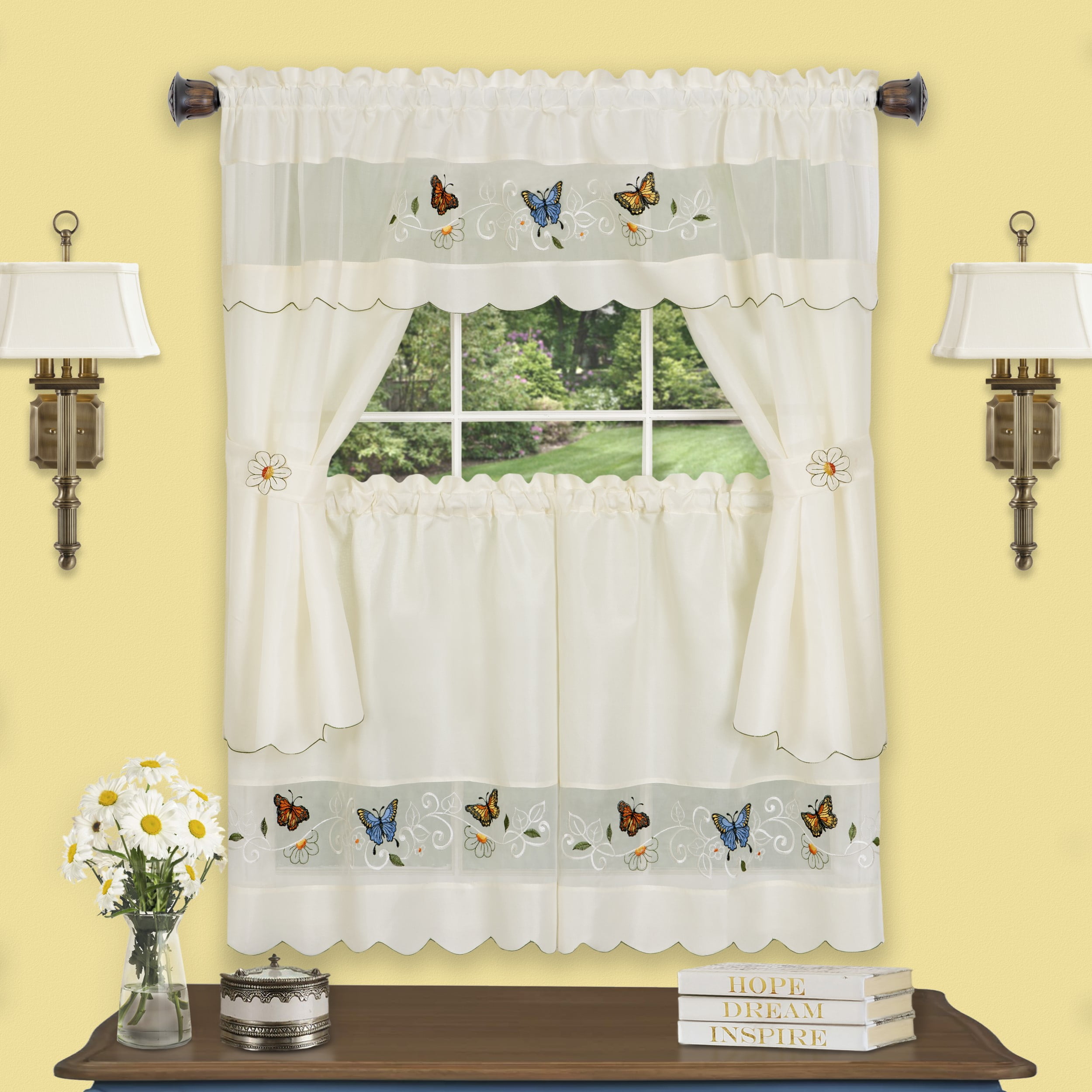 Daisy Meadow Embroidered Butterfly Sill Length Tier Curtains