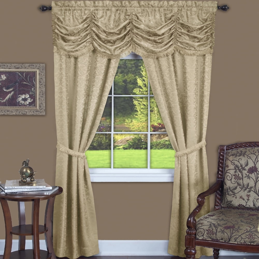 Tan Jacquard Damask Rod Pocket Curtain with Fringe, 55" x 84"