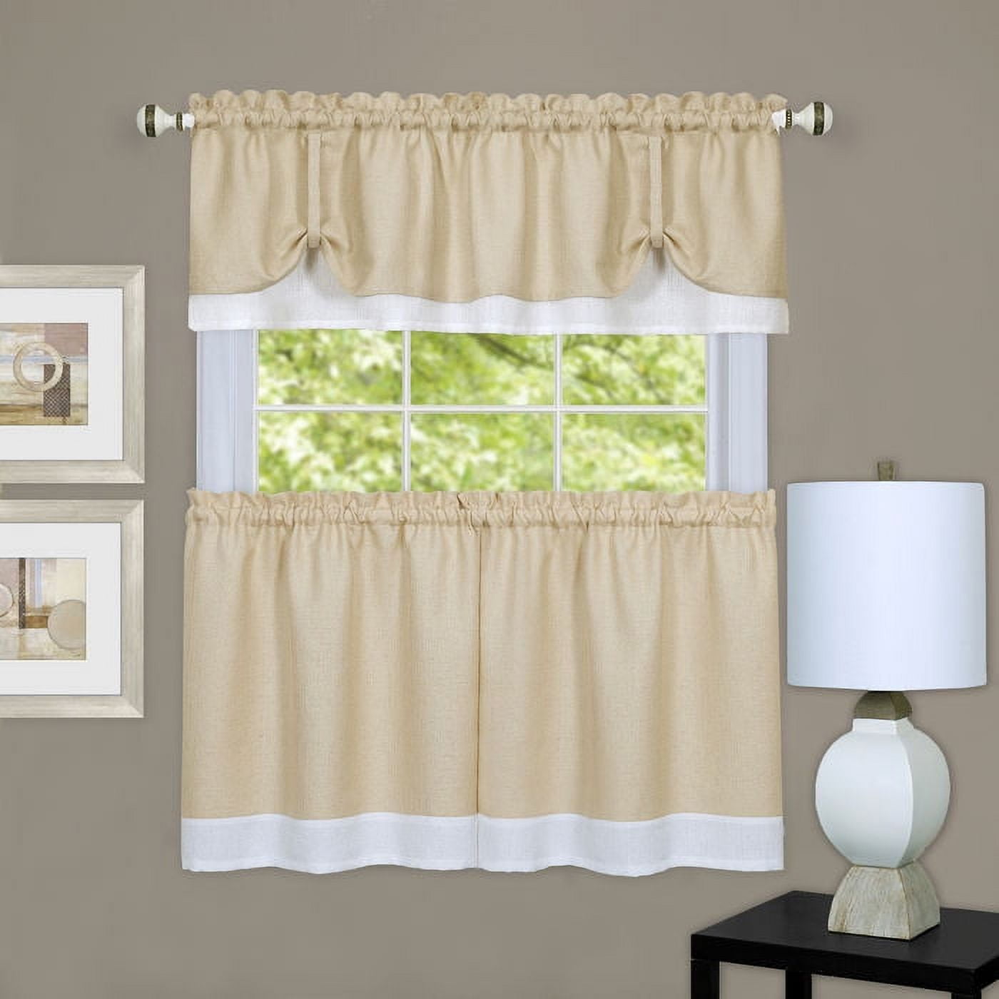 Tan and White Polyester Light-Filtering Tier Curtains with Rod Pocket