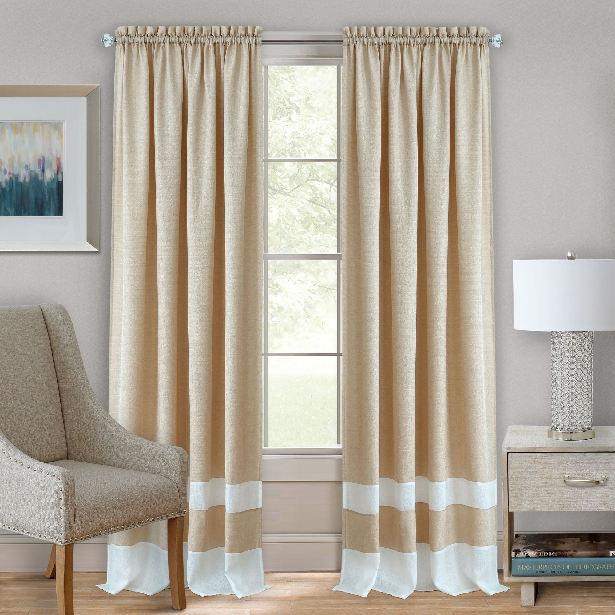 Tan and White Light Filtering Polyester Rod Pocket Drapes