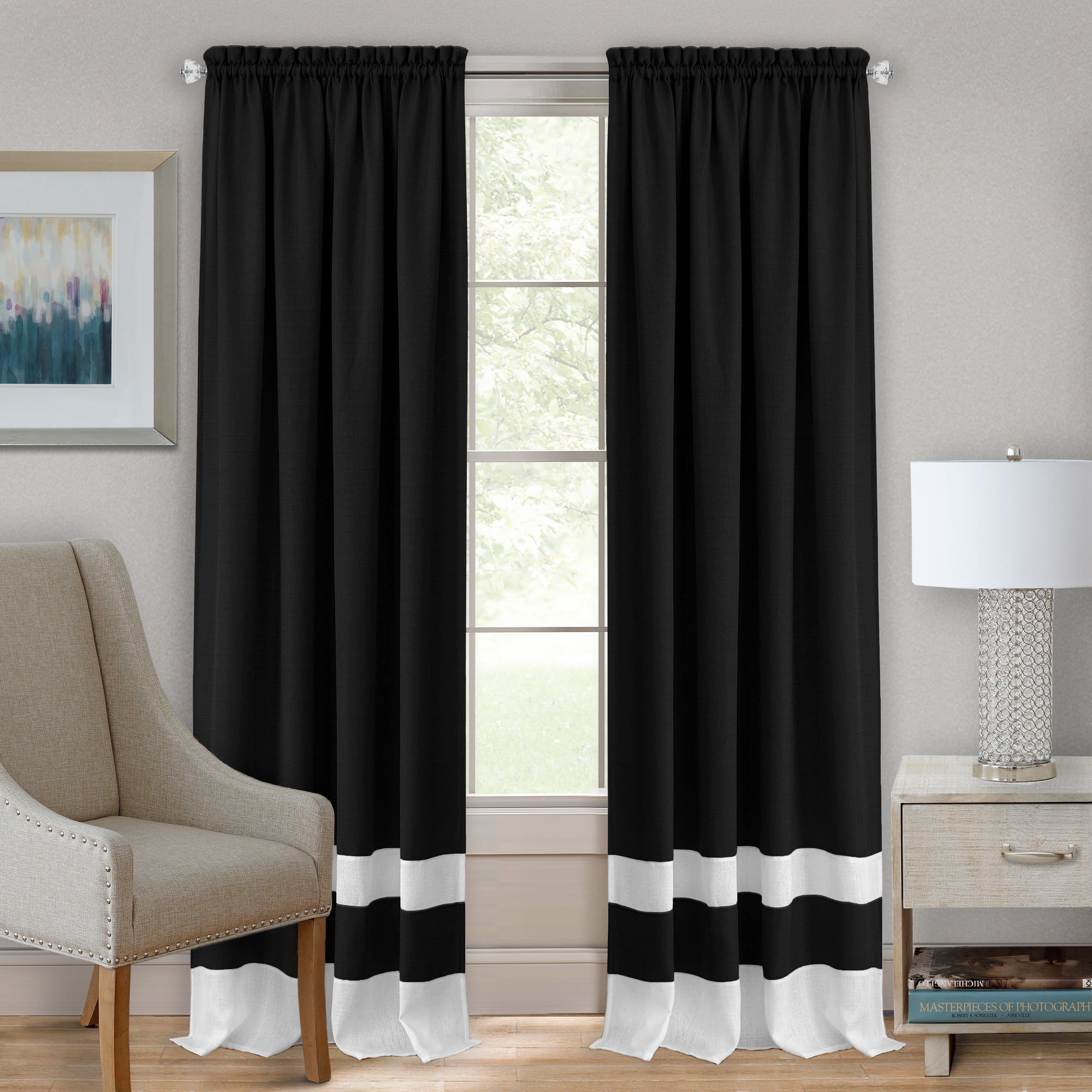 Black and White Polyester Light Filtering Drape Panel