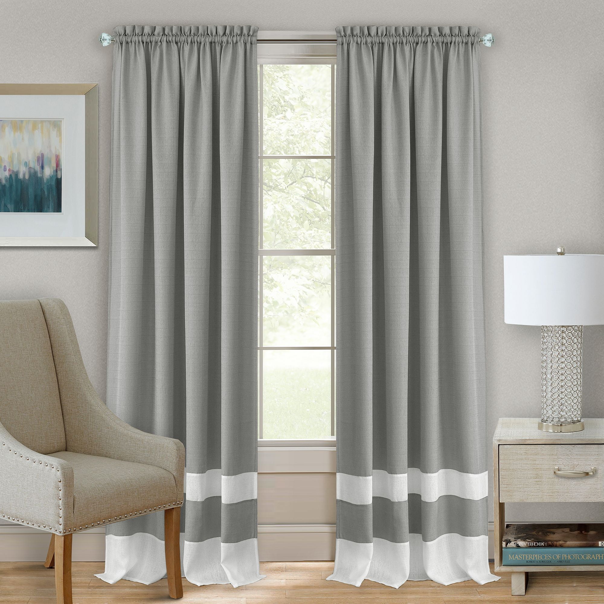 Grey and White Light Filtering Rod Pocket Drapes, 52x63