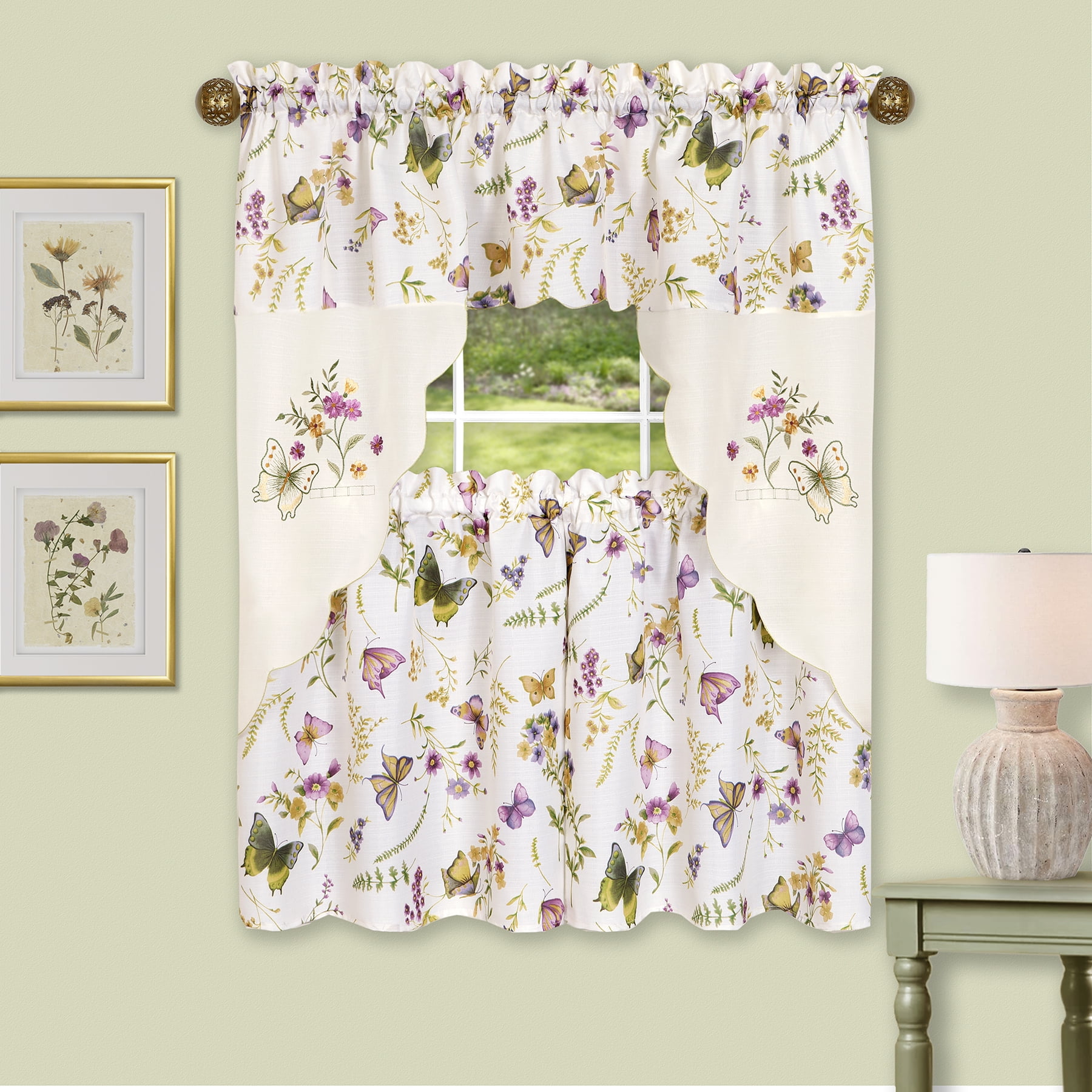 White Polyester Embroidered Light-Filtering Kitchen Tier Curtains