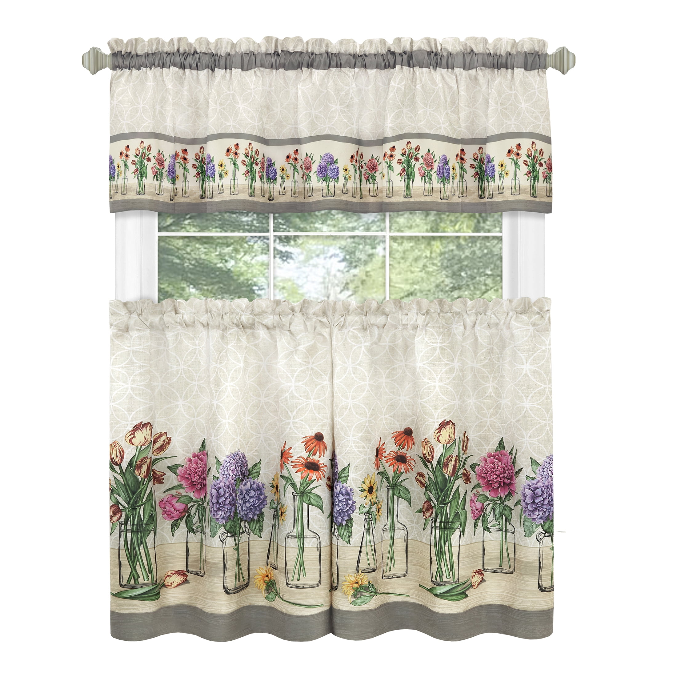 Garden Blooms Floral Print Polyester Tier Curtains with Valance, 58" x 36"