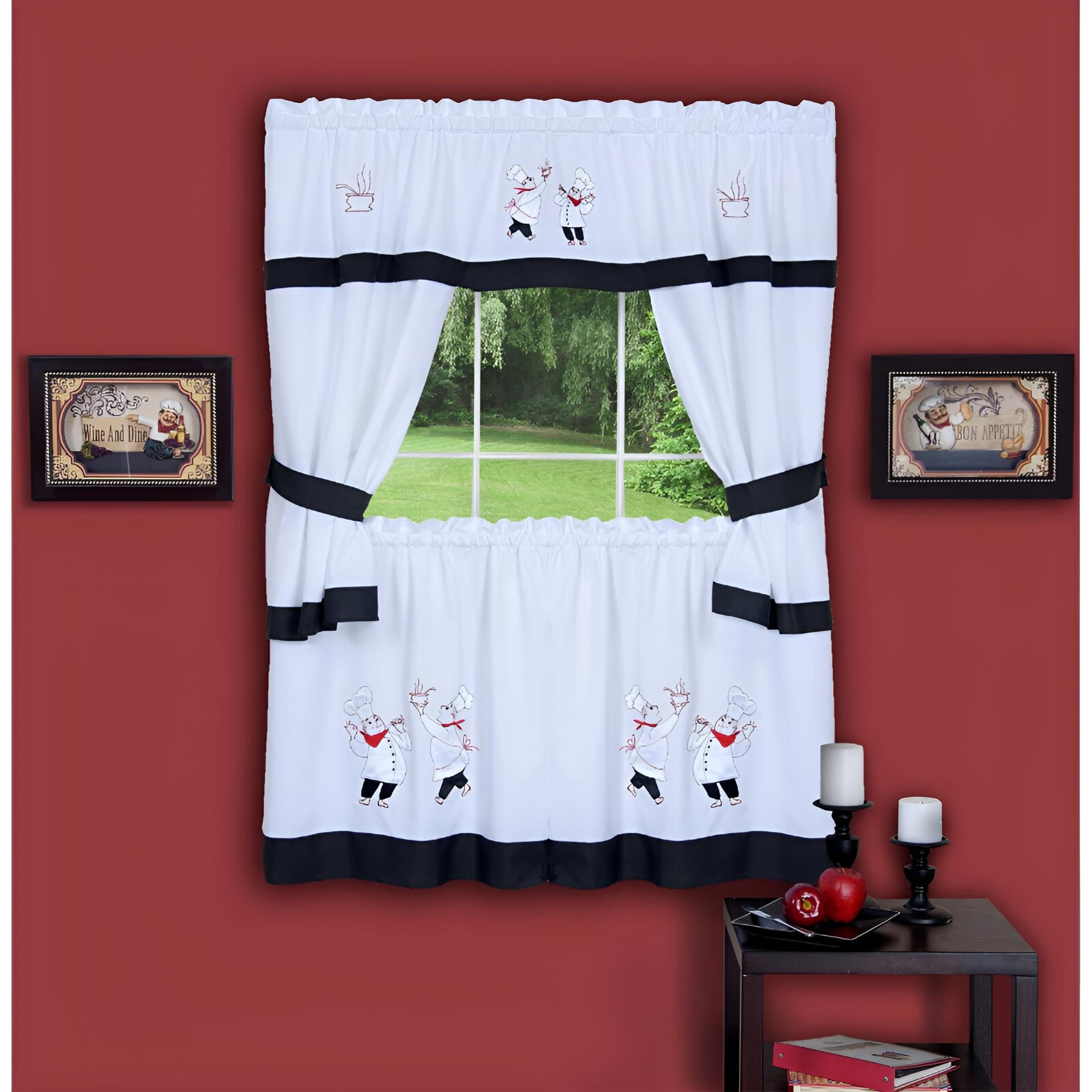 Black and White Faux Silk Embellished Kitchen Curtain Set