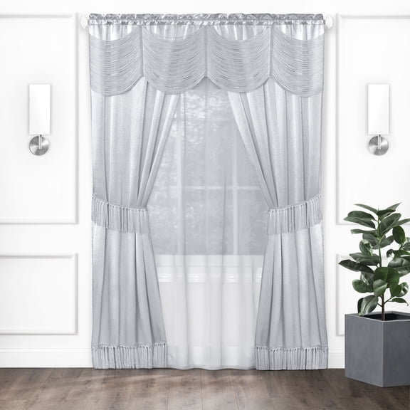 Achim Halley Rod Pocket 6 Piece Window Curtain Set, Silver, 56" x 63"