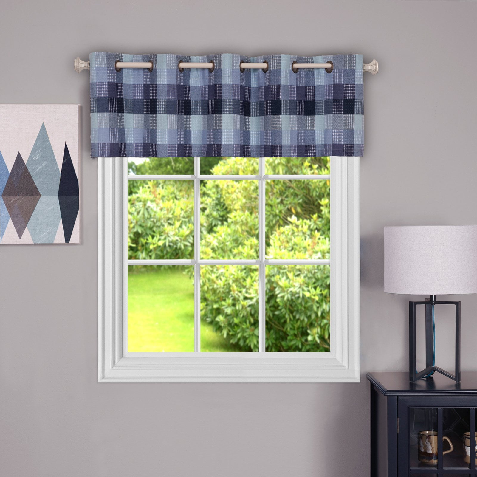 Blue Plaid Grommet Top Valance with 10 Grommets