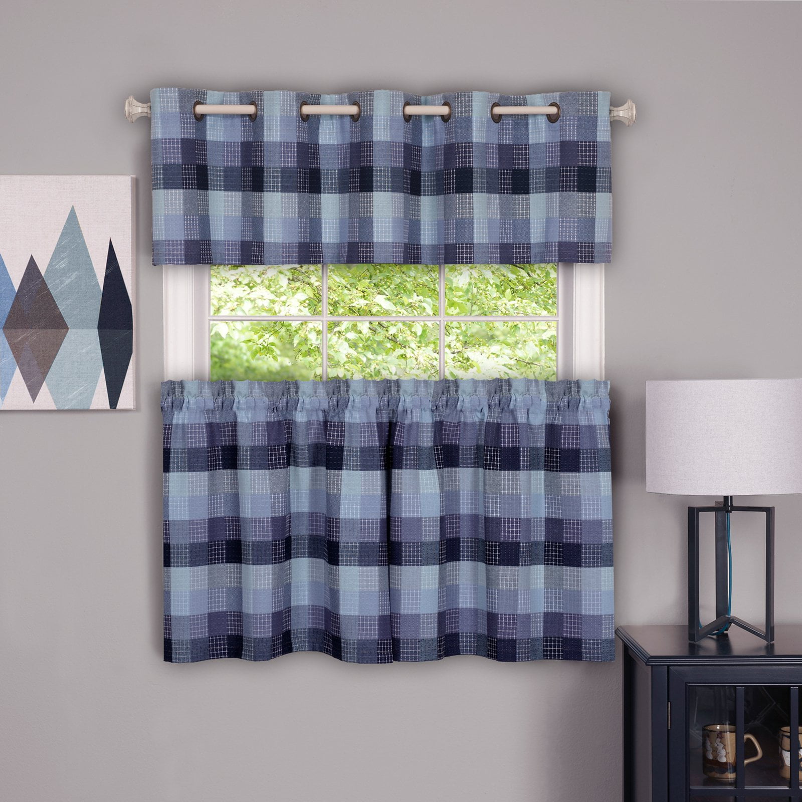Blue Plaid Light-Filtering Cotton Polyester Window Curtain Tier Pair
