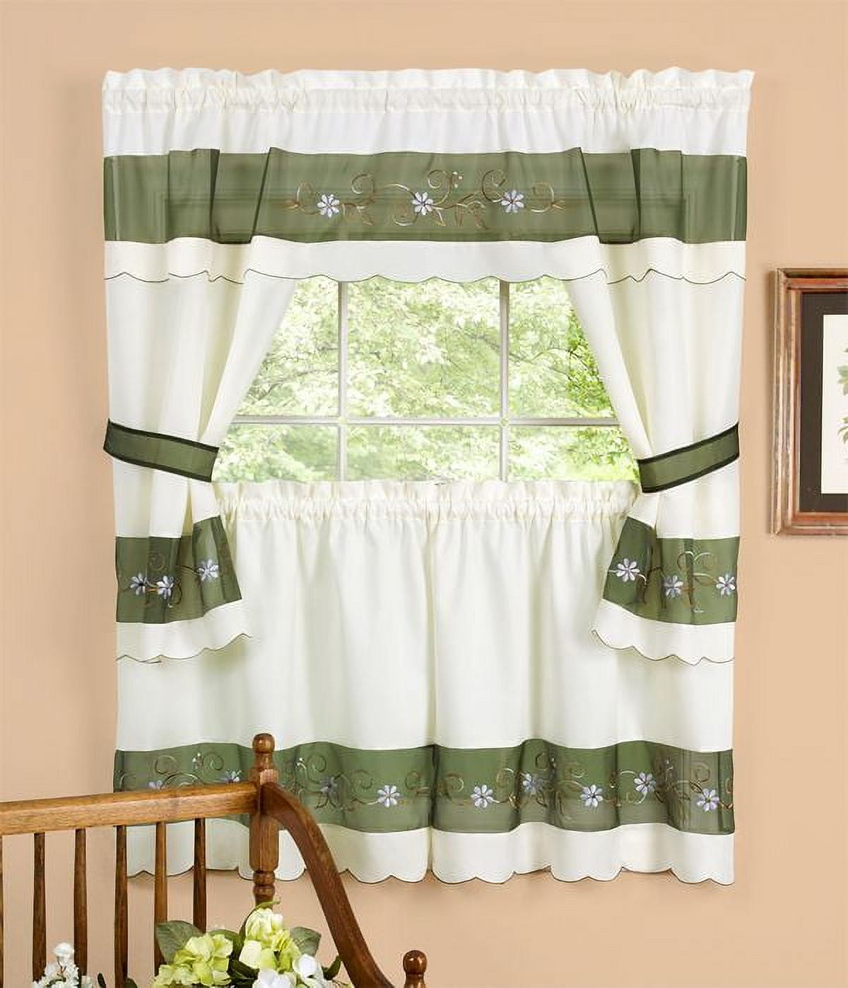 Green and White Floral Embellished Cottage Curtain Set, 58 x 24