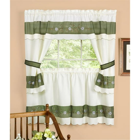 Achim Home Furnishing Berkshire Window Kitchen Curtains 3-Piece Embellished Cottage Set - 58" (W) x 36" (L) Complete Set, Green