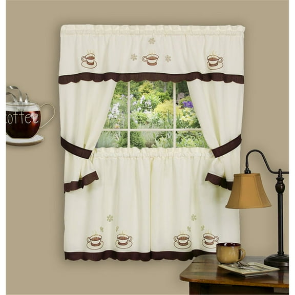 Achim Home Furnishing Cuppa-Joe Window Kitchen Curtains 3-Piece Embellished Cottage Set - 58" (W) x 36" (L) Complete Set, Brown
