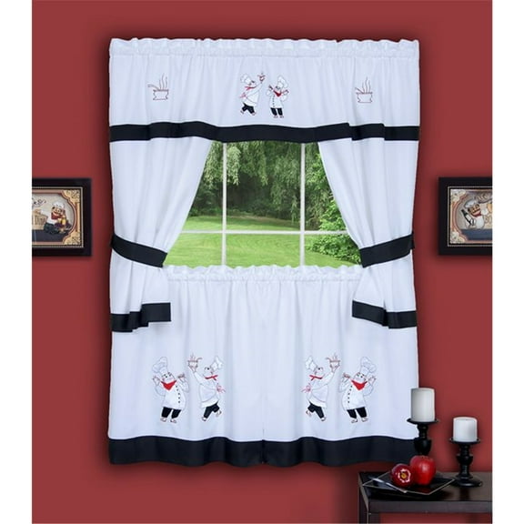 Achim Home Furnishing Gourmet Window Kitchen Curtains 3-Piece Embellished Cottage Set - 56" (W) x 24" (L) Complete Set, Black & White
