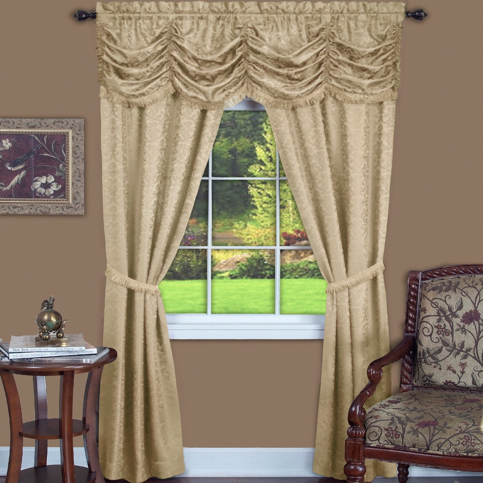 Beige Floral Jacquard Twin Curtains with Fringe Valance