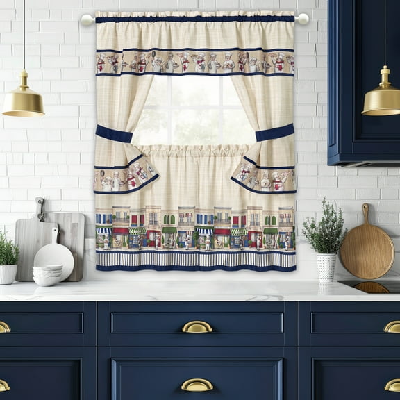Achim Printed Cottage Window Curtain Set, Bon Appetit, 24" L x 57"W, Navy