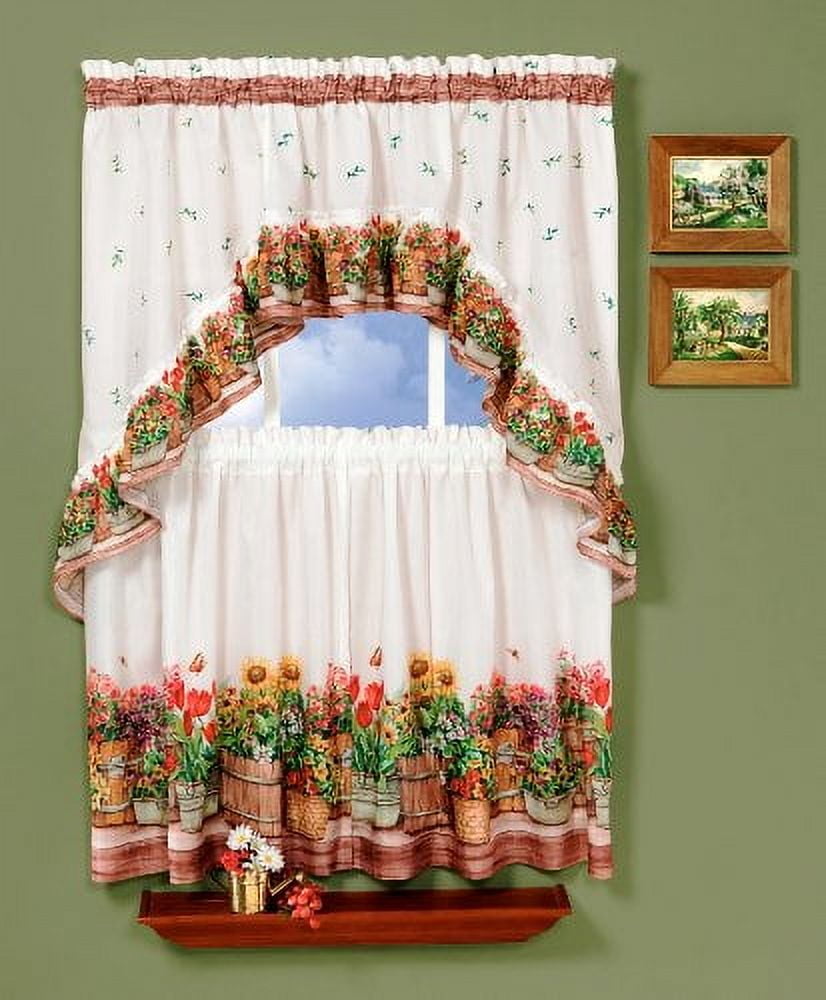 Country Garden Light Filtering Rod Pocket Curtain Set, 24-Inch Length, 57-Inch Width