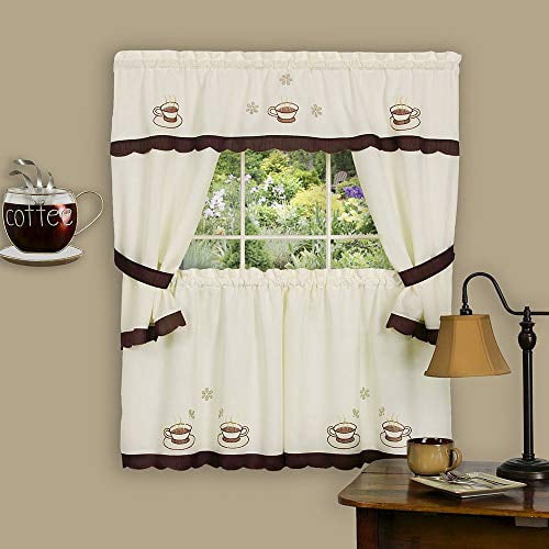 Achim Home Furnishings 58-Inch by 36-Inch Cuppa Joe Embellished Cottage Topper with 58-Inch by 36-Inch Swaggers for Windows