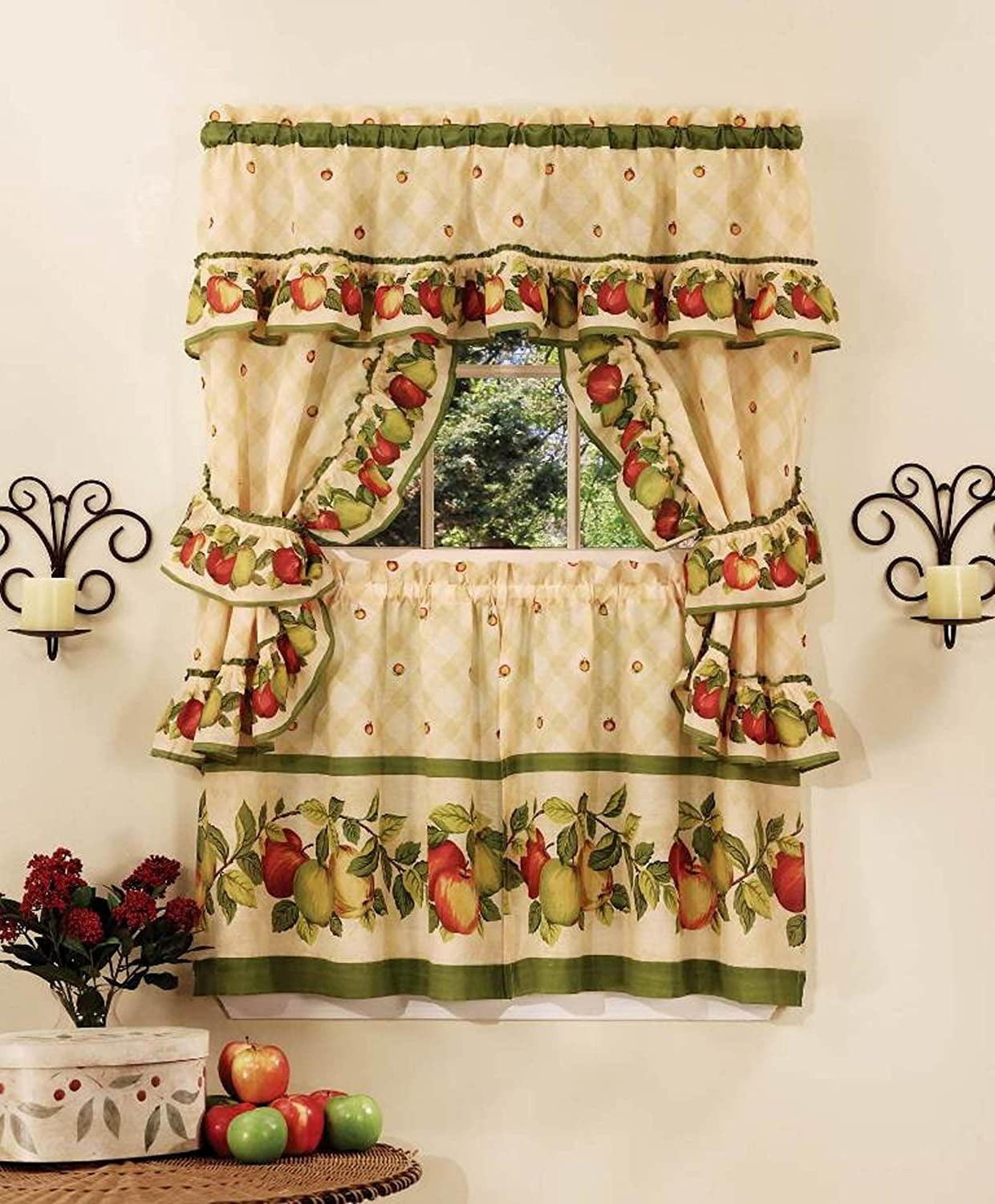 Apple Orchard Cream and Green Ruffled Valance Set