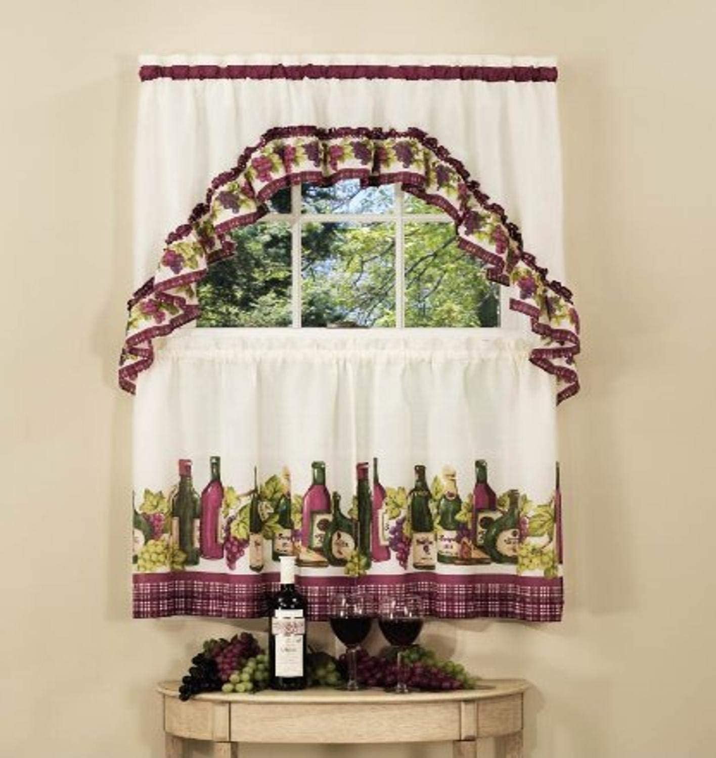 Ivory and Wine Cotton Polyester Tier Curtain Set with Rod Pocket