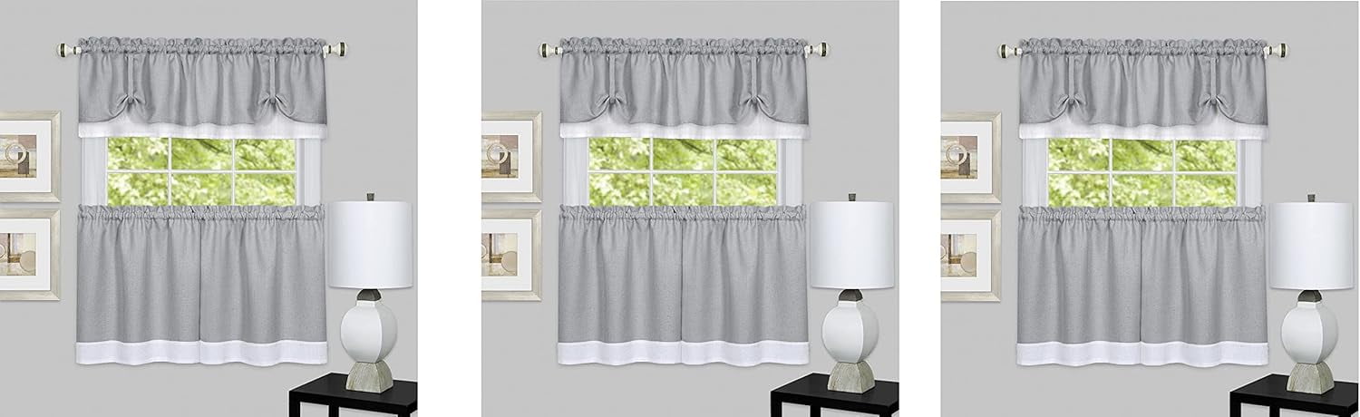Gray and White Polyester Window Curtain Tier and Valance Set
