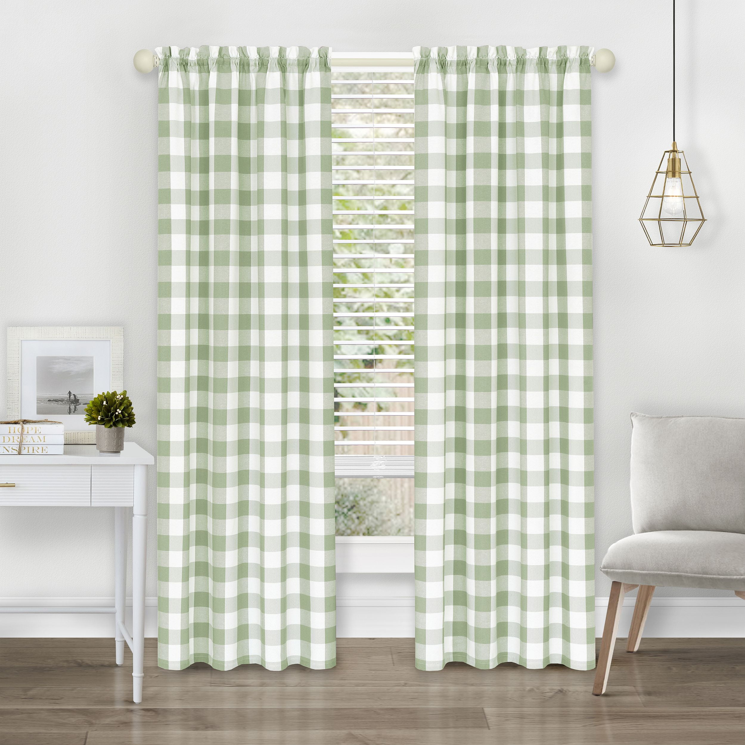 Hunter Green Plaid Cotton Polyester Rod Pocket Curtain Panel, 42 x 84 in