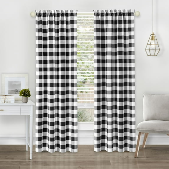Achim Hunter Indoor Polyester/Cotton Light Filtering Checkered Curtain Panel, Black, 42-in W x 63-in L