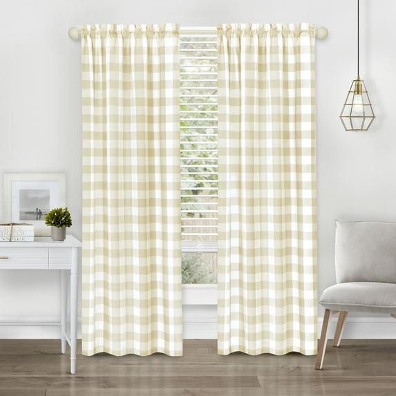 Achim Hunter Indoor Polyester/Cotton Light Filtering Checkered Curtain Panel, Tan, 42-in W x 63-in L