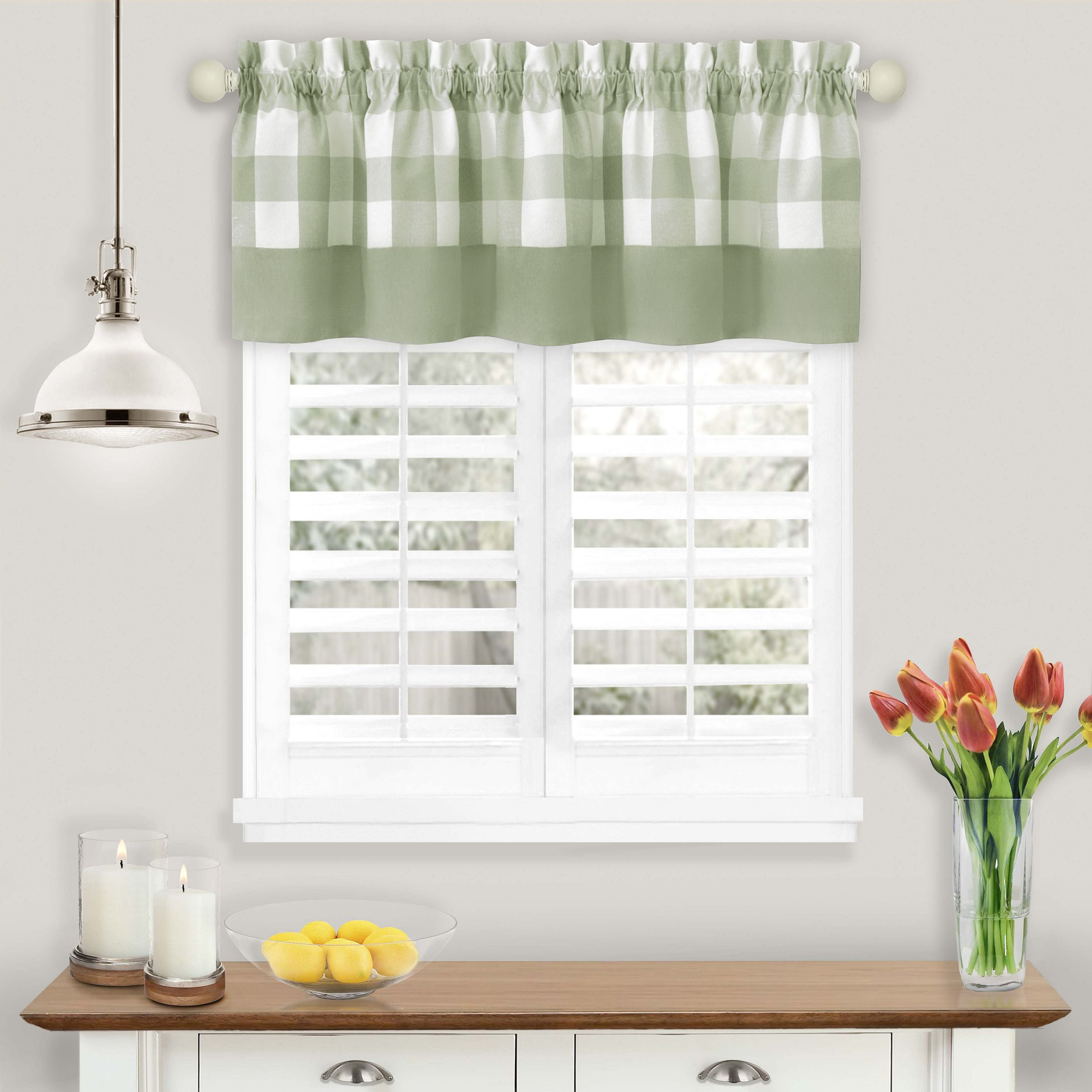 Apple Green Checkered Cotton-Polyester Rod Pocket Valance