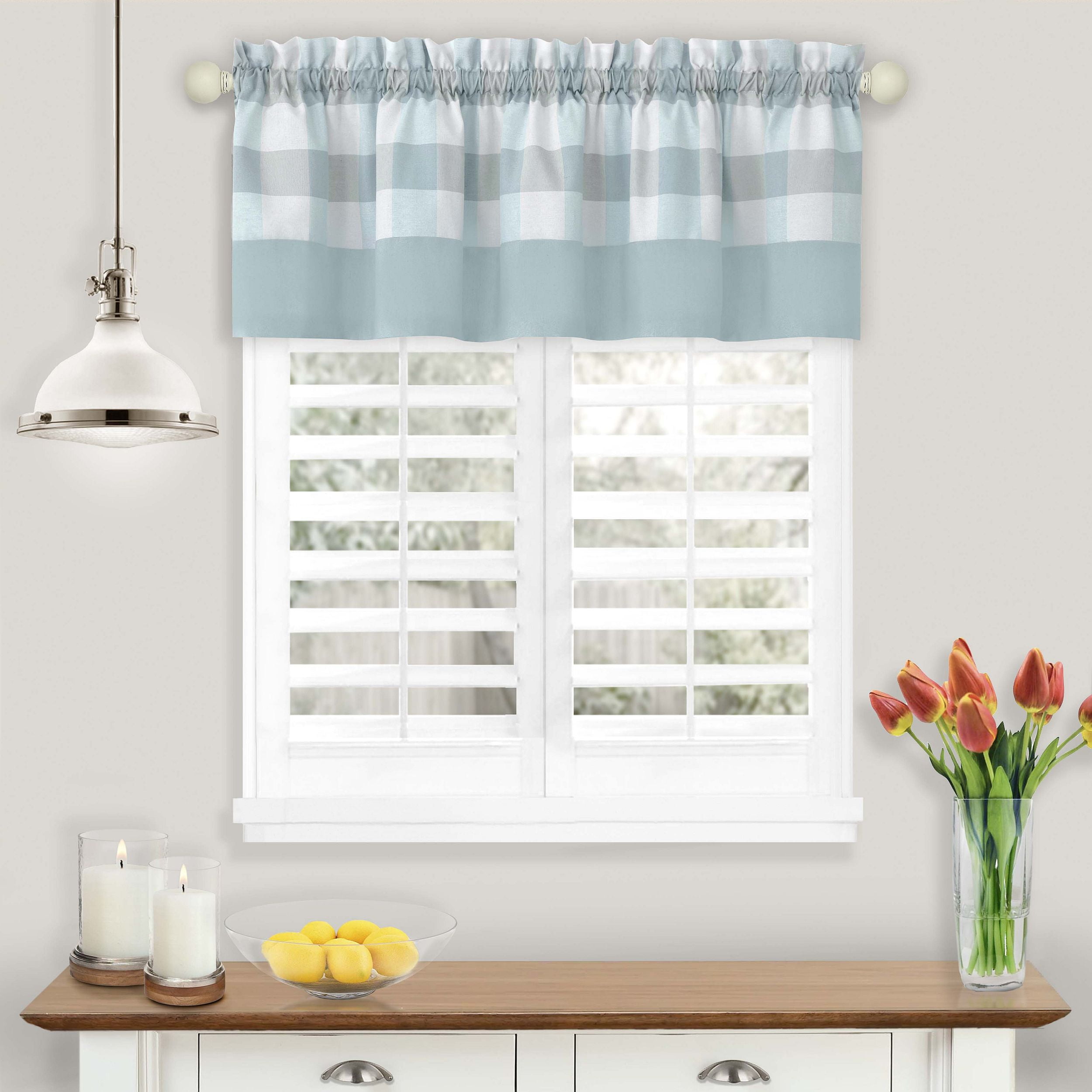 Ice Blue Checkered Poly-Cotton Rod Pocket Valance