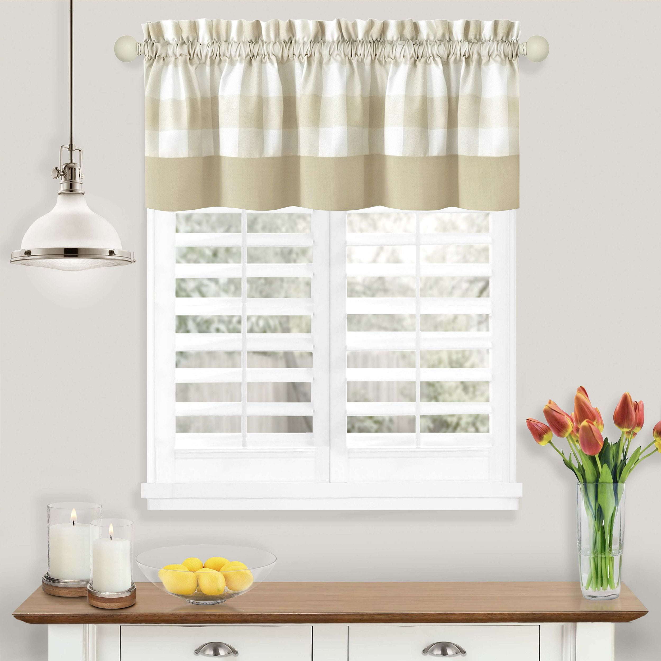 Tan Checkered Polyester Cotton Rod Pocket Valance