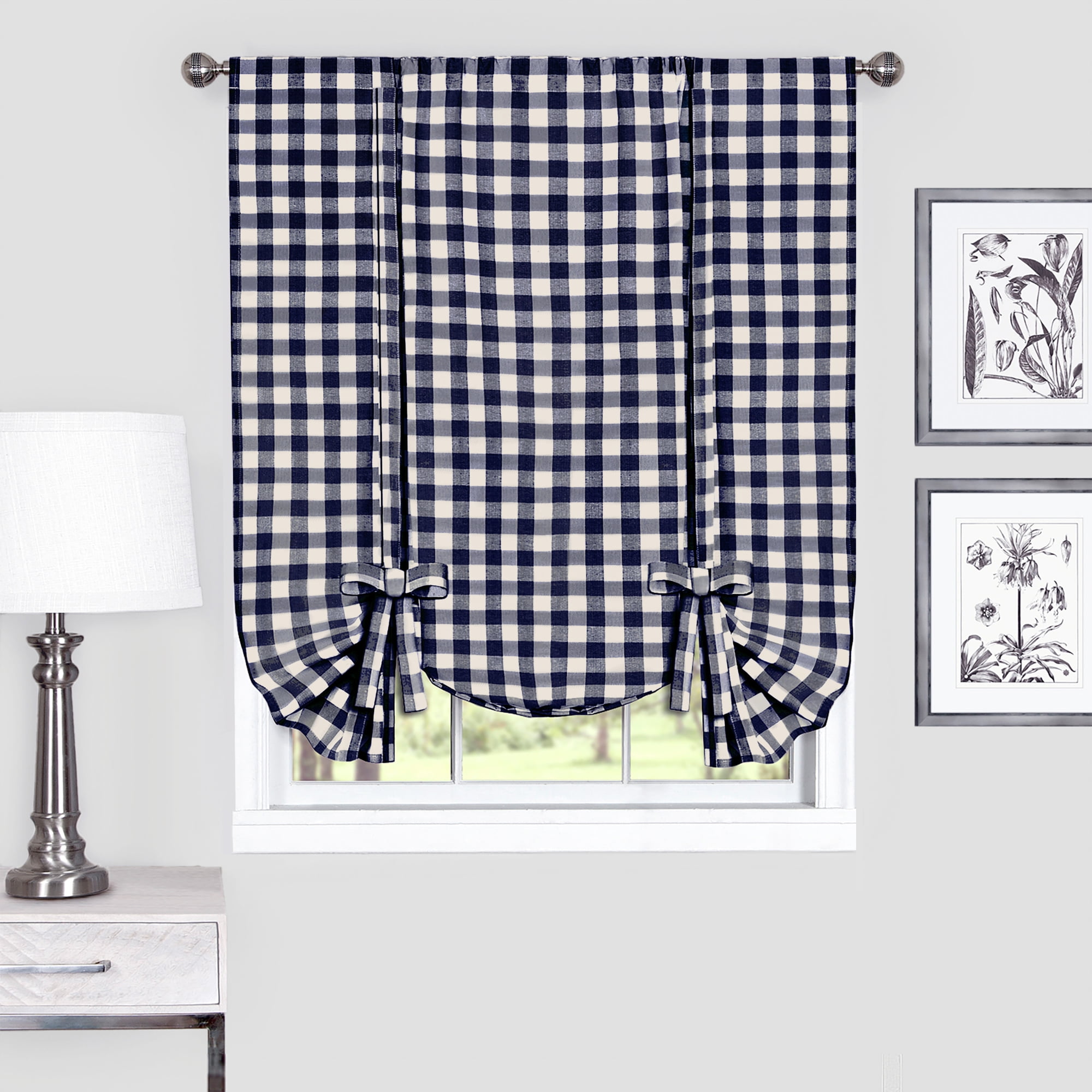 Navy Buffalo Check Light Filtering Tie-Up Curtain
