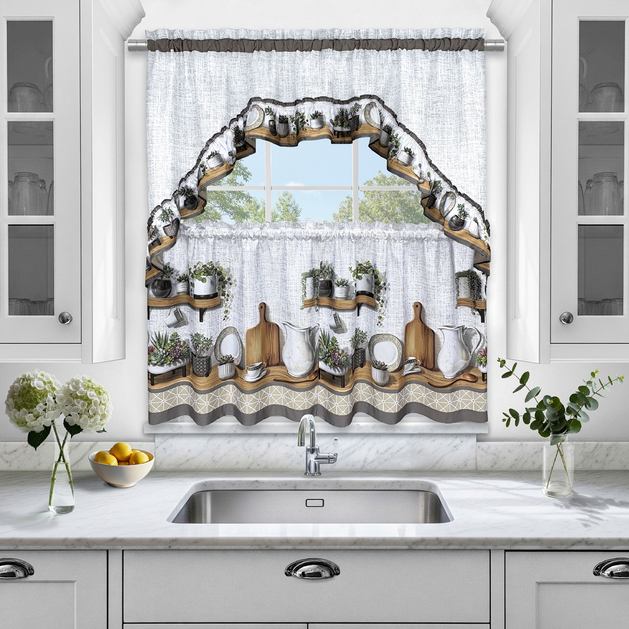 Achim Jade Printed Tier and Swag Window Curtain Set - 57" x 24", Charcoal Gray