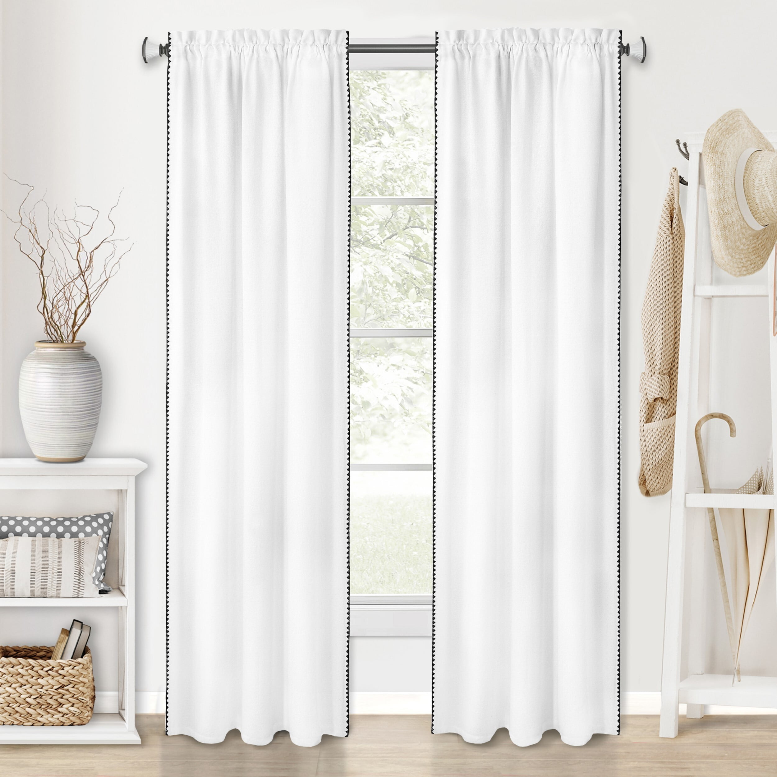Achim Kendal Solid Rod Pocket Light Filtering Curtain Panel, White/Black, 52" x 84"