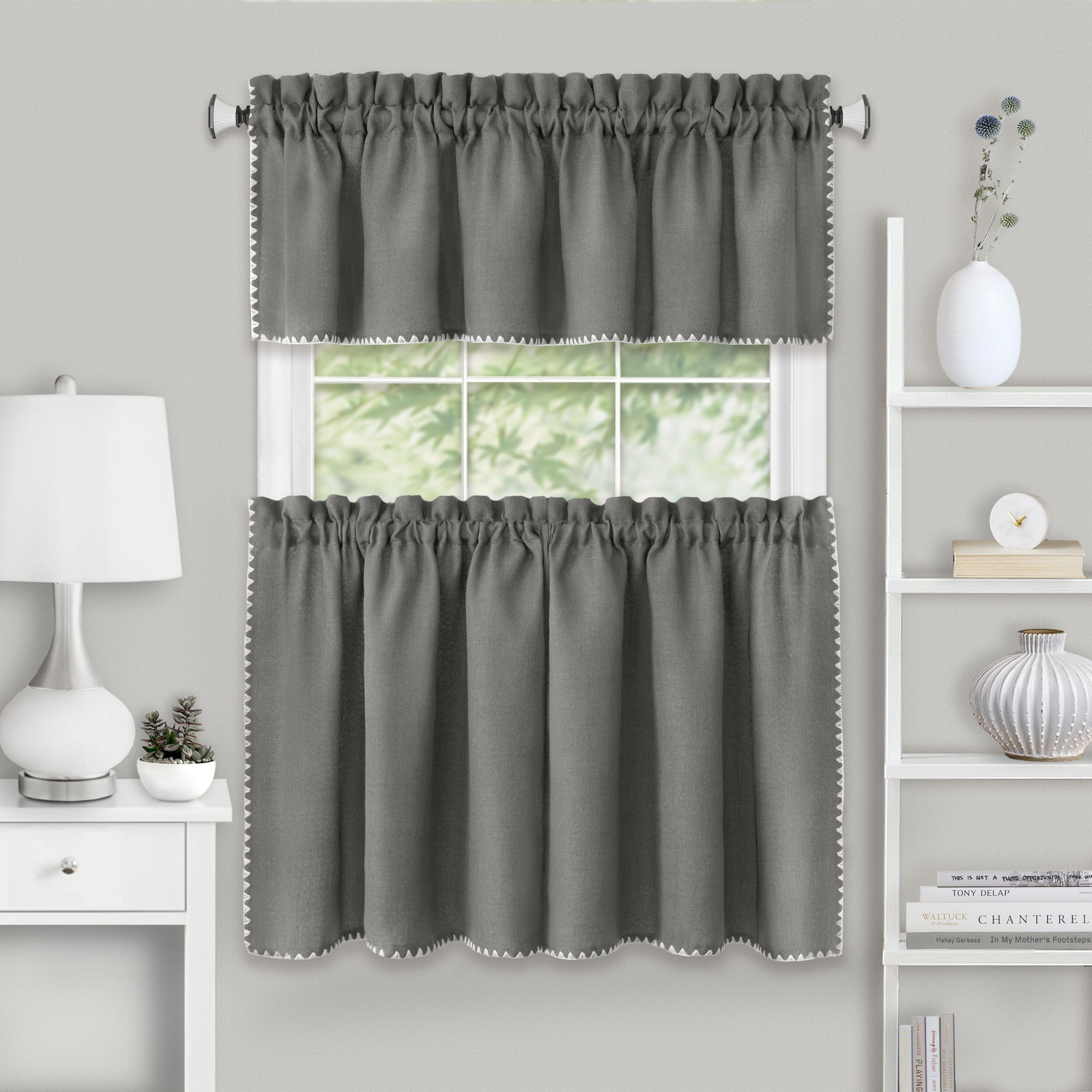 Gray Polyester Light-Filtering Rod Pocket Kitchen Curtain Set