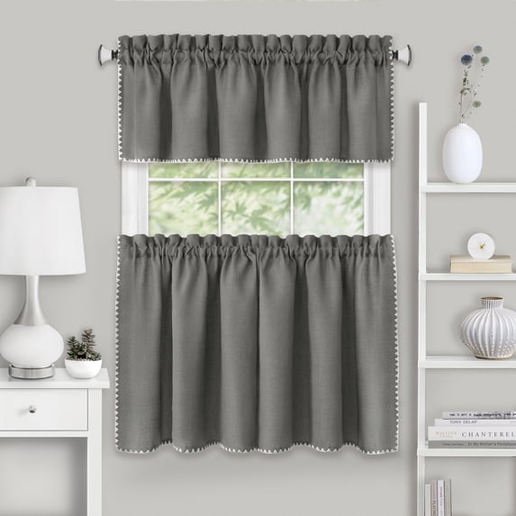 Achim Kendal Solid Rod Pocket Light Filtering Tier and Valance Curtain Set, Grey/White, 58" x 36"