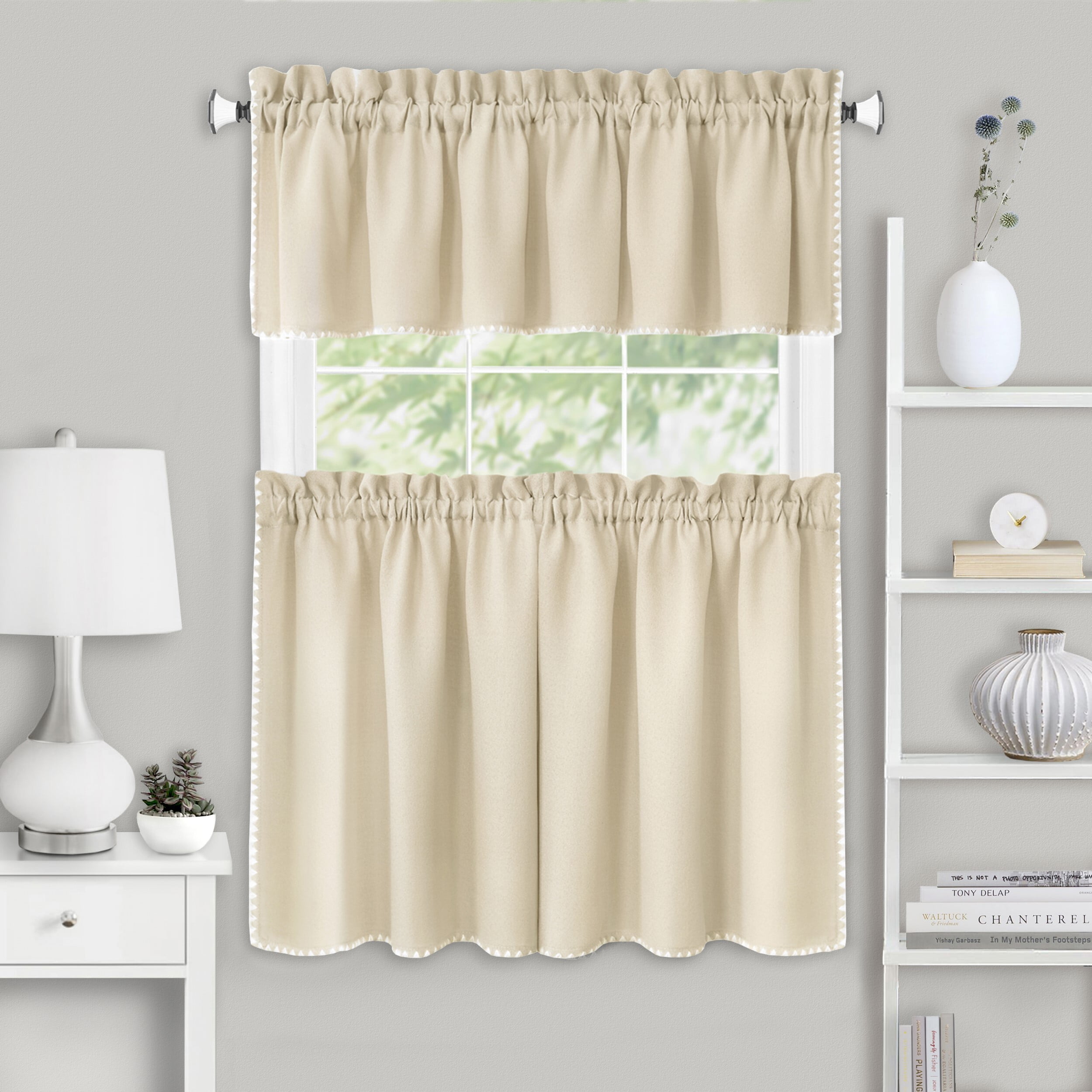 Tan and White Light Filtering Tier and Valance Curtain Set
