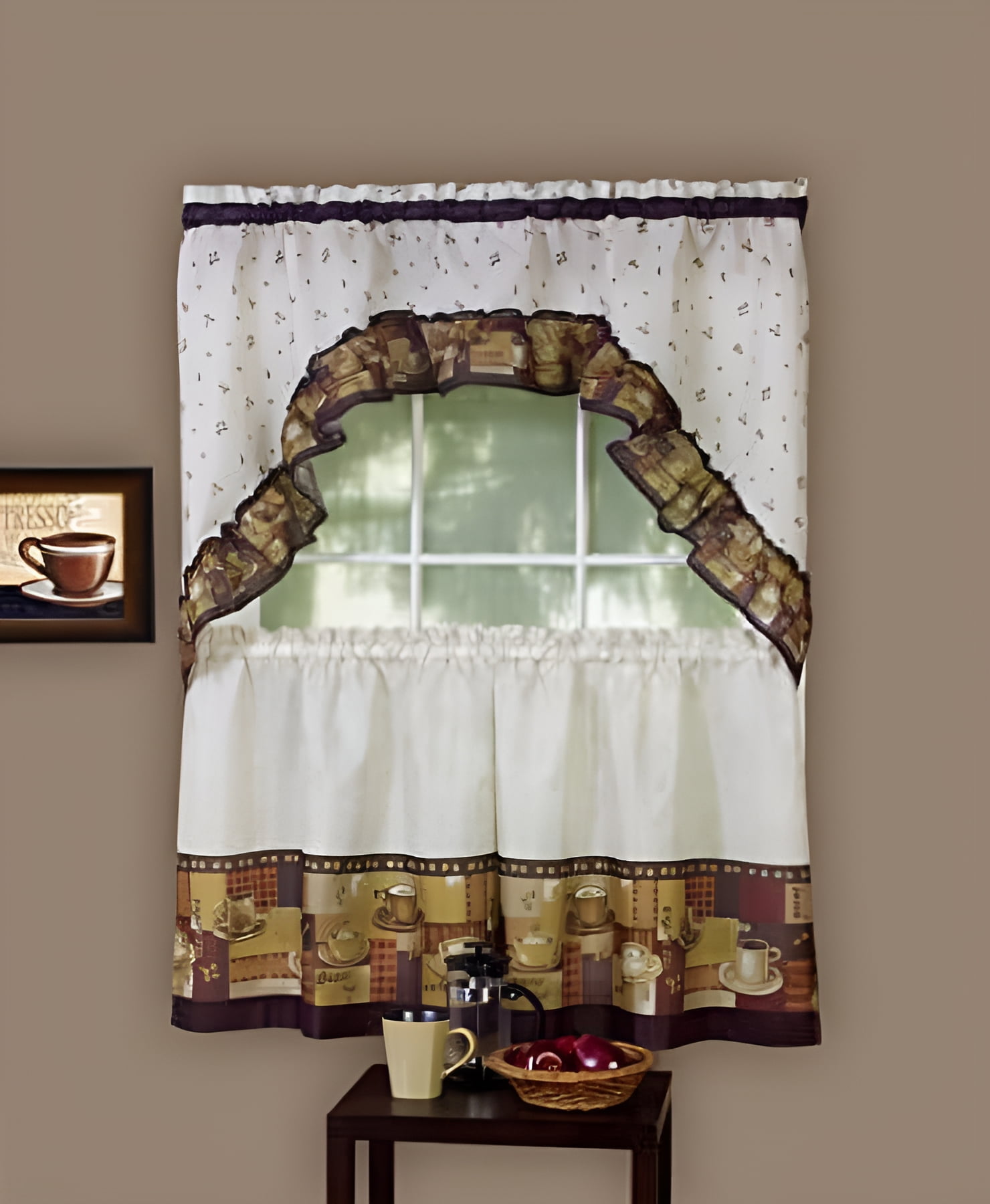 Ivory and Brown Coffee Print Tier Curtain Set