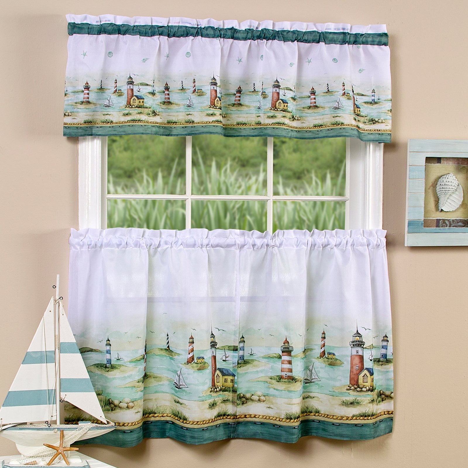 Coastal Lighthouse Print Kitchen Tier and Valance Set - 58x36