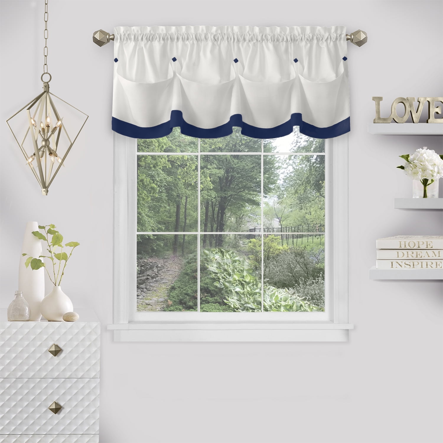 Navy and White Polyester Rod Pocket Valance with Diamond Buttons