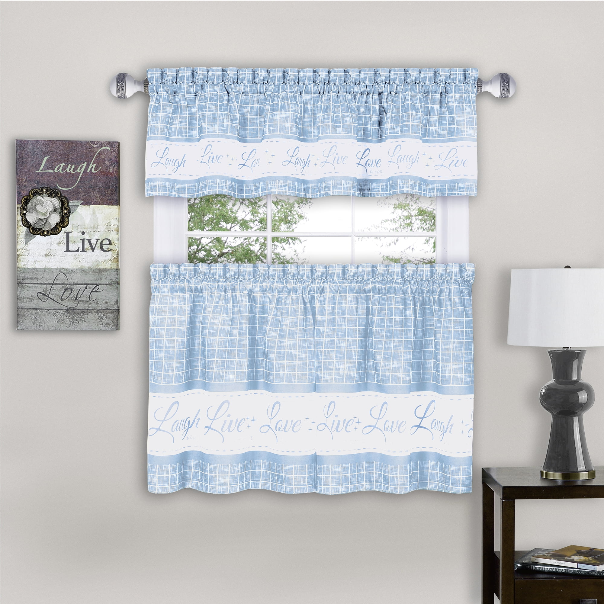 Light Blue Polyester Live Love Laugh Window Curtain Set