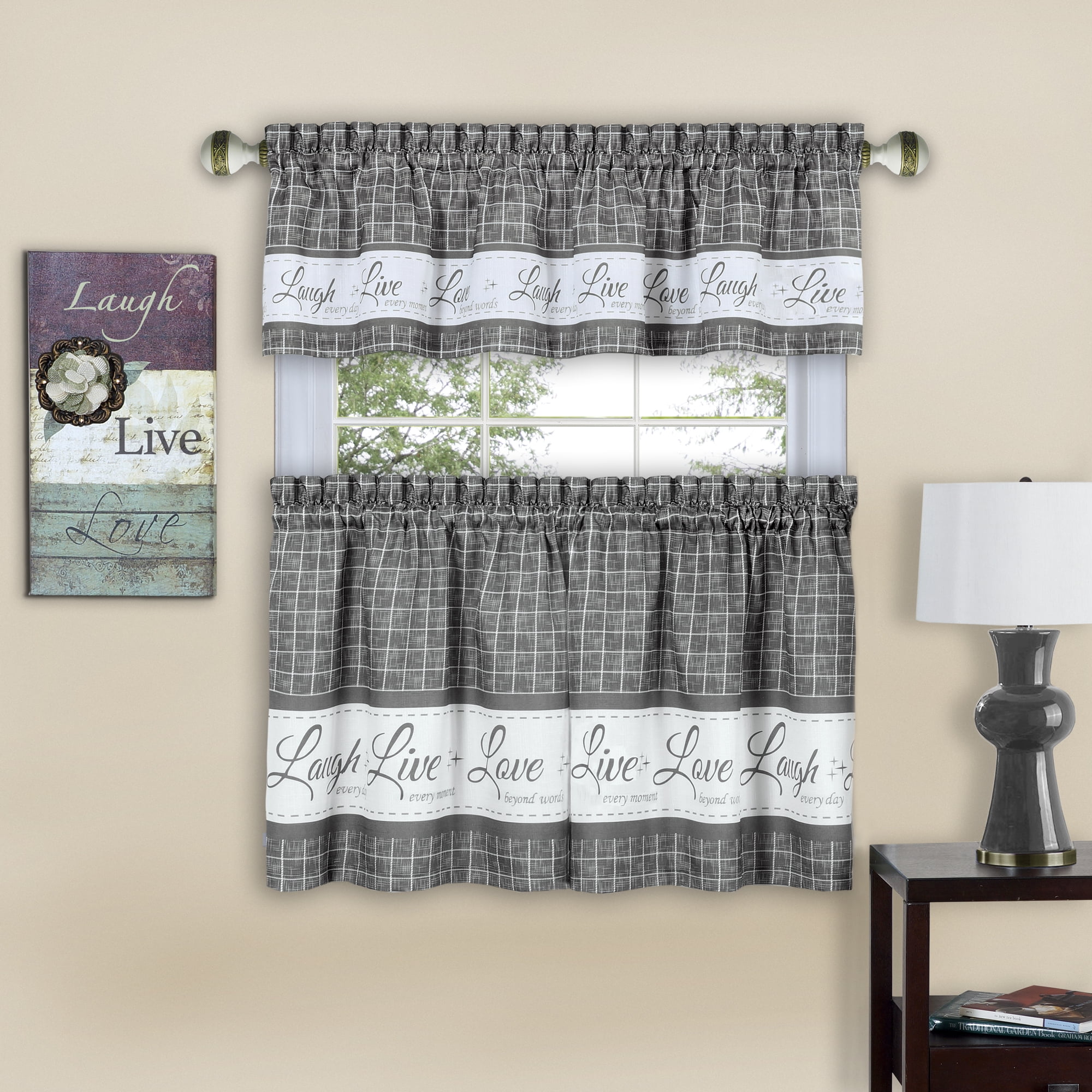 Gray Polyester Light-Filtering Kitchen Tier Curtain Set