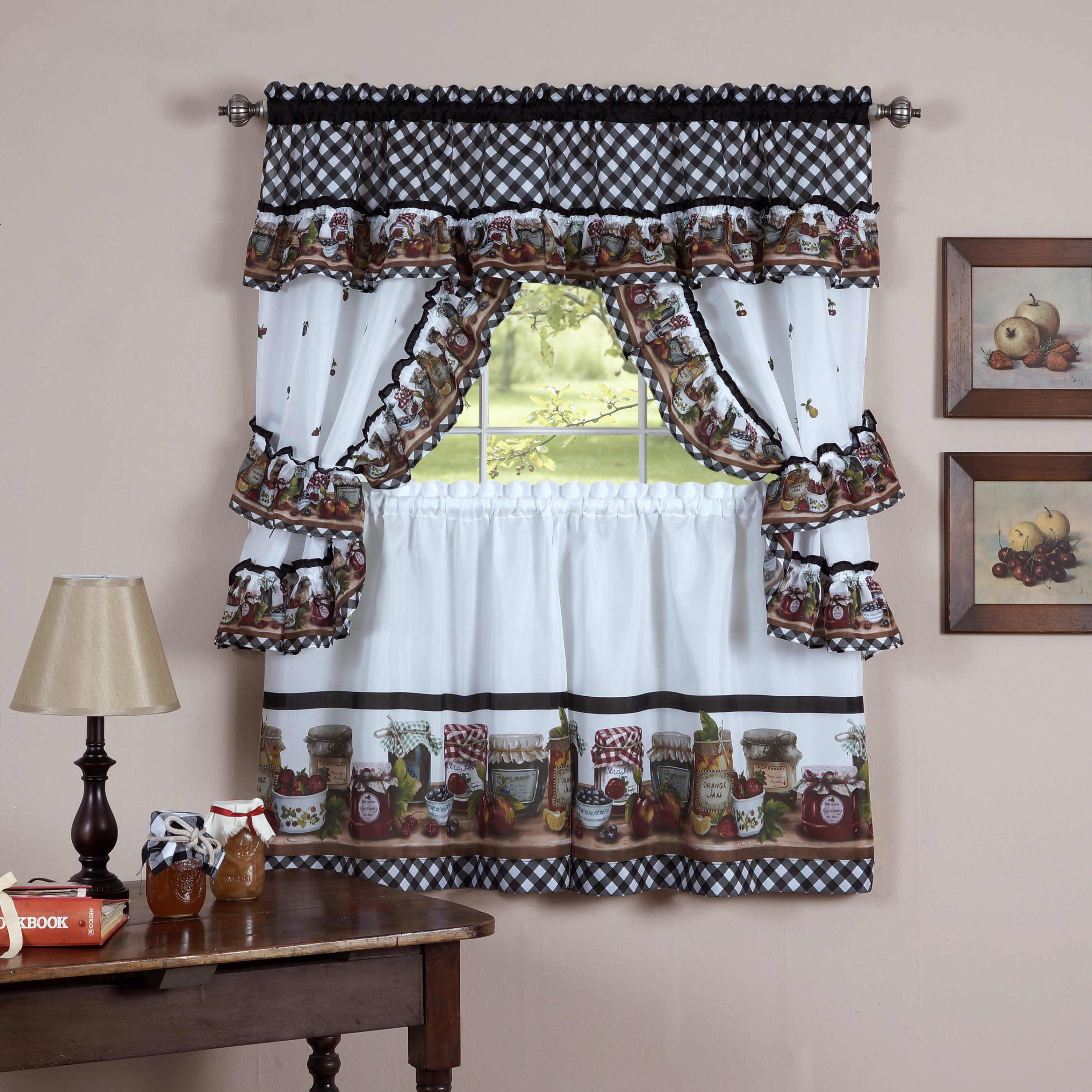 Black and White Gingham Mason Jars Cotton Polyester Tier Curtain Set