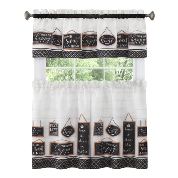 Achim Modern Farmhouse Polyester Light Filtering Tier and Valance Window Curtain Set, Black, 58 x 36
