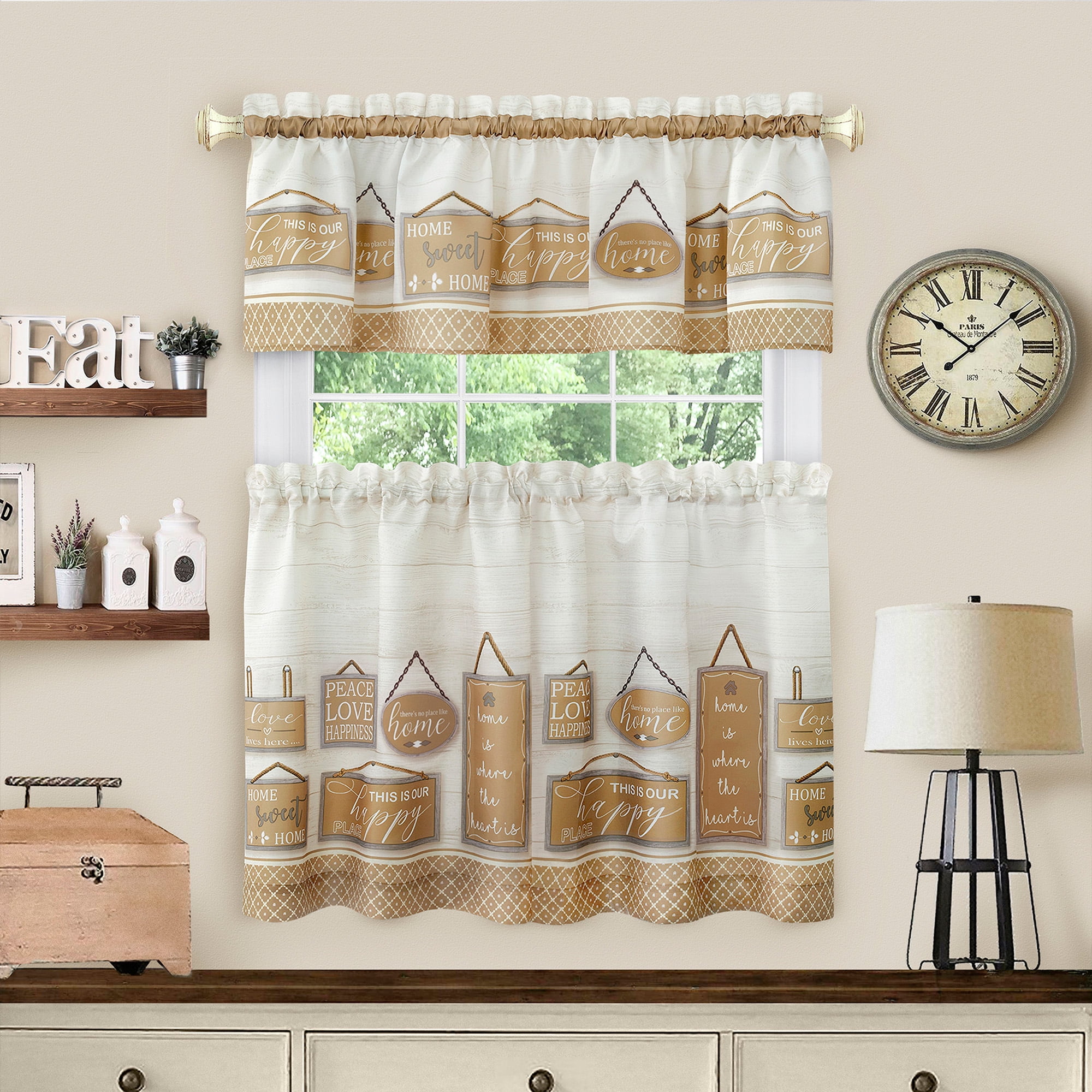 Tan Polyester Light Filtering Cafe Curtains with Typography