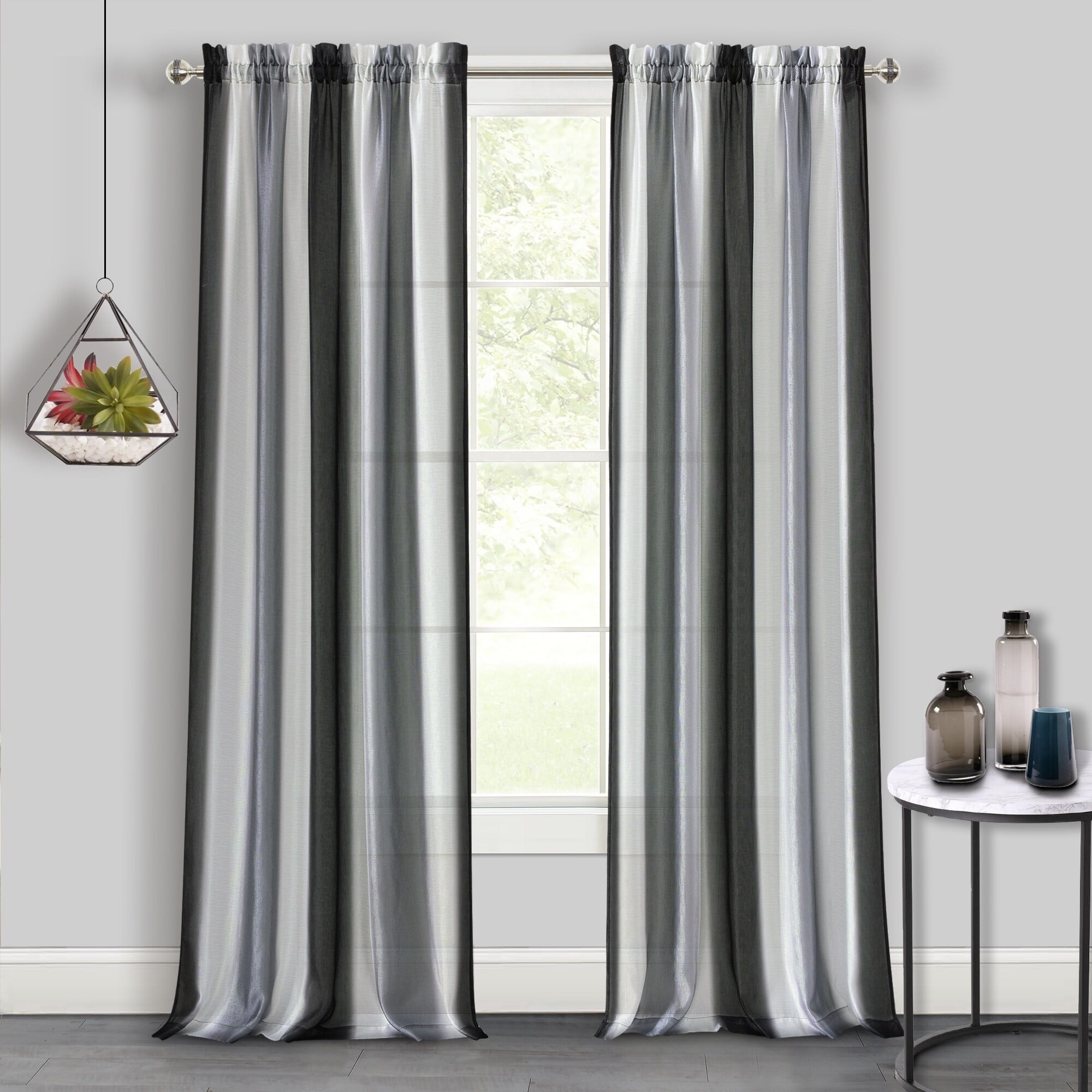 Black and Silver Polyester Rod Pocket Light-Filtering Curtain Panel