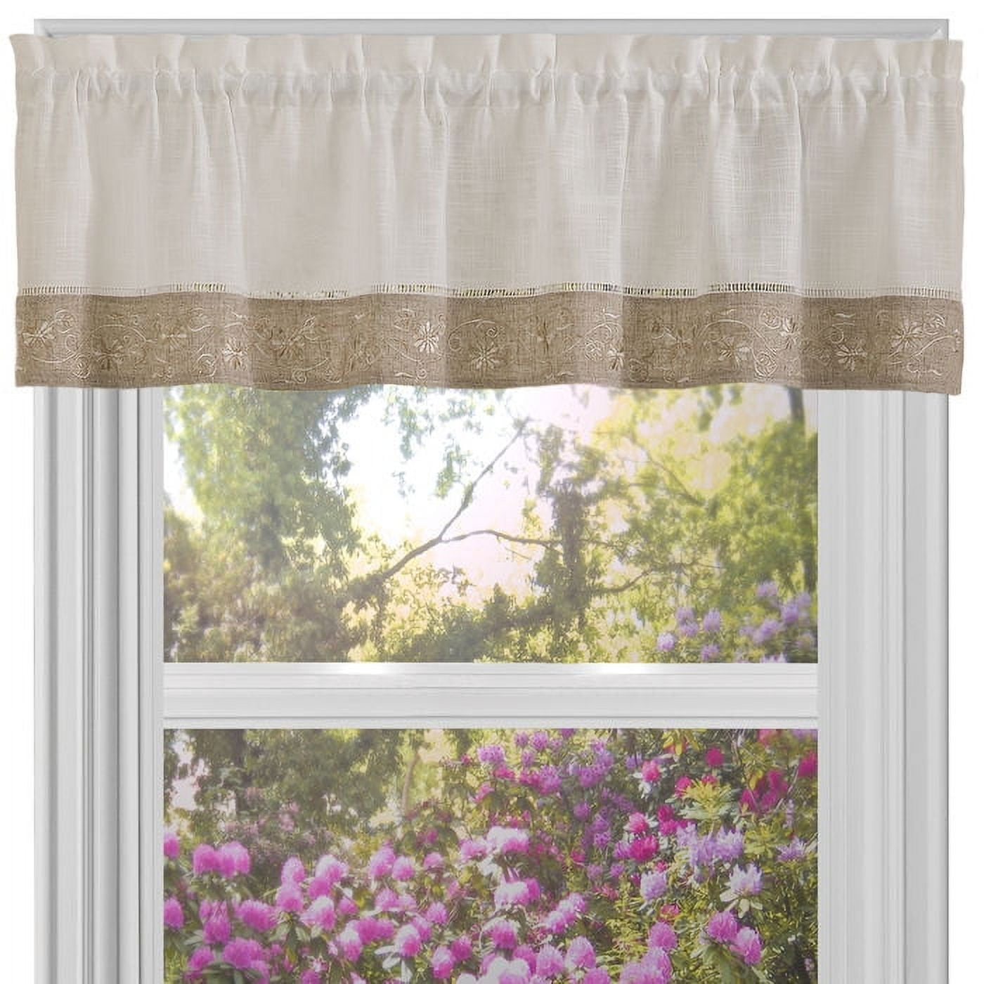 Natural Linen Floral Embroidered Rod Pocket Valance, 58" x 14"