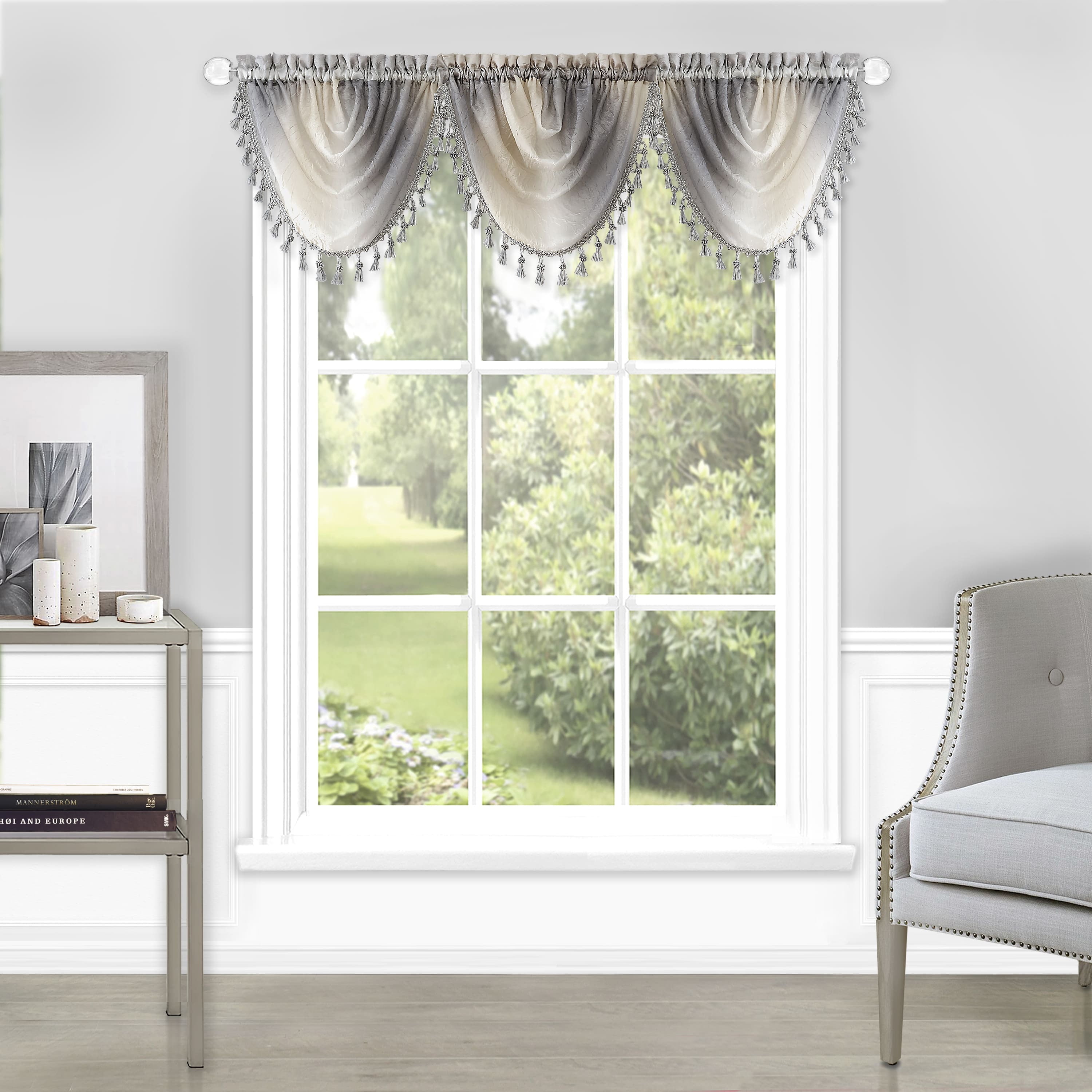 Grey Ombre Polyester Tassel Waterfall Valance, 46" x 42"