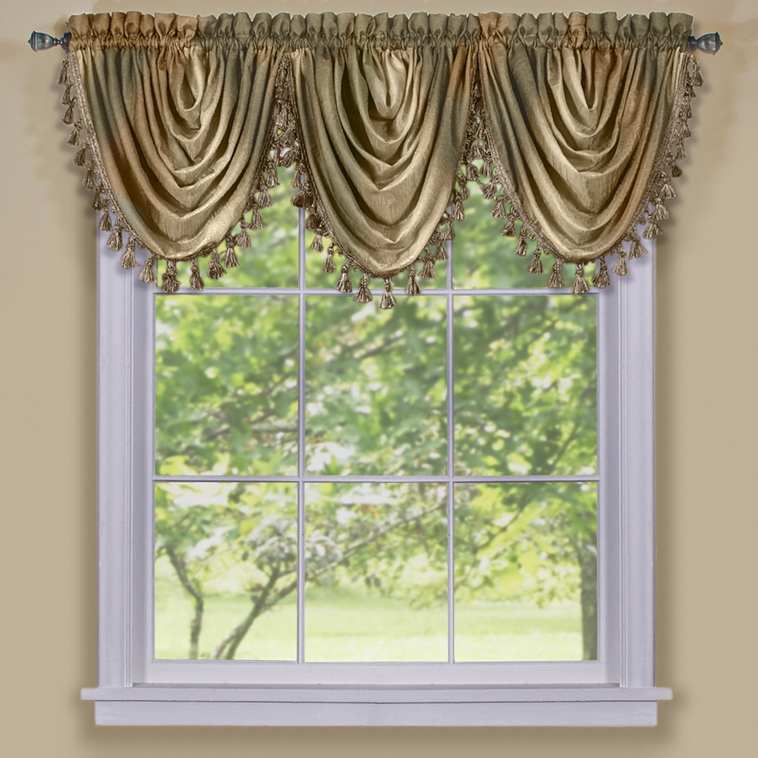 Beige Ombre Waterfall Light Filtering Curtain Valance with Tassels, 46x42
