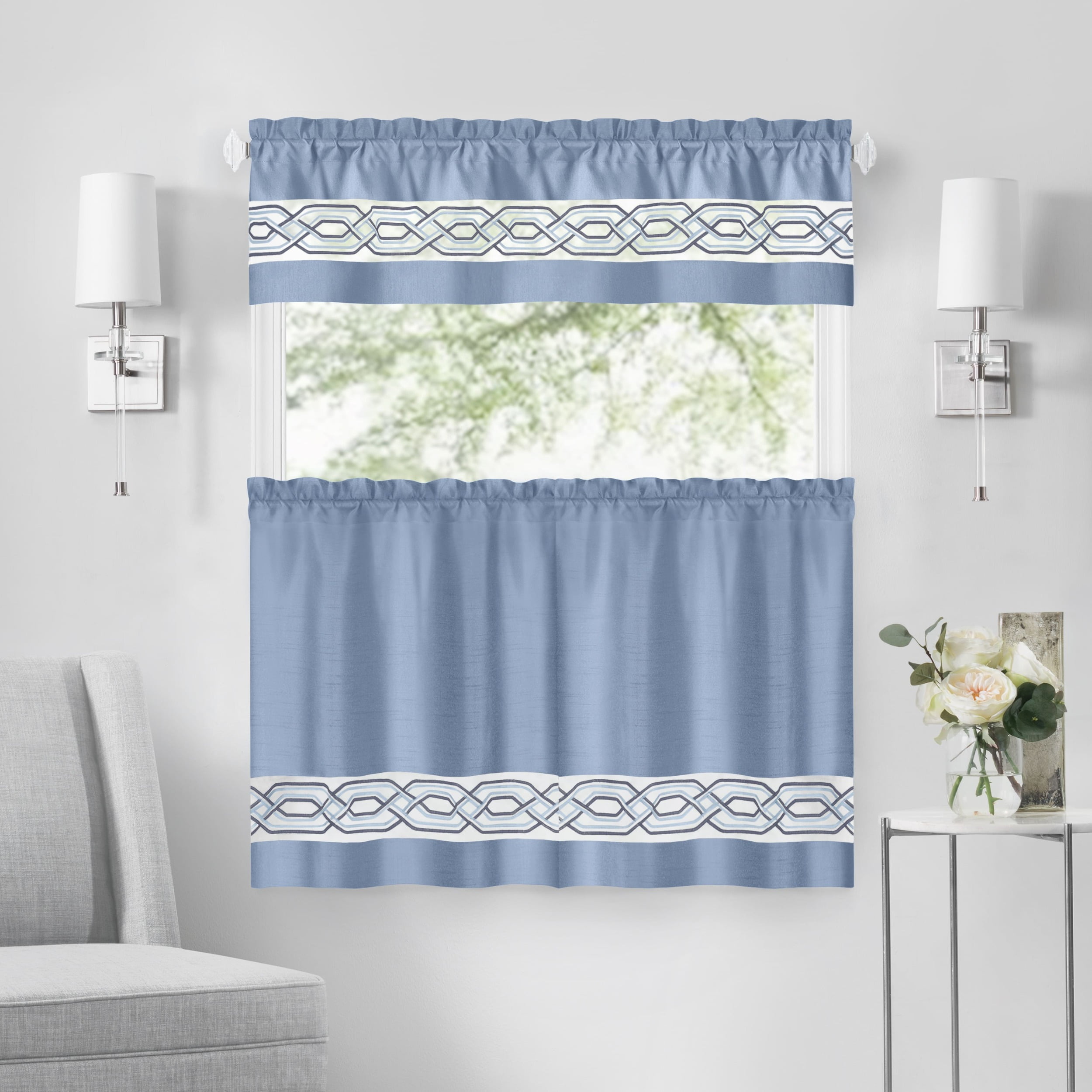 Blue Polyester Light-Filtering Tier and Valance Curtain Set, 55" x 24"