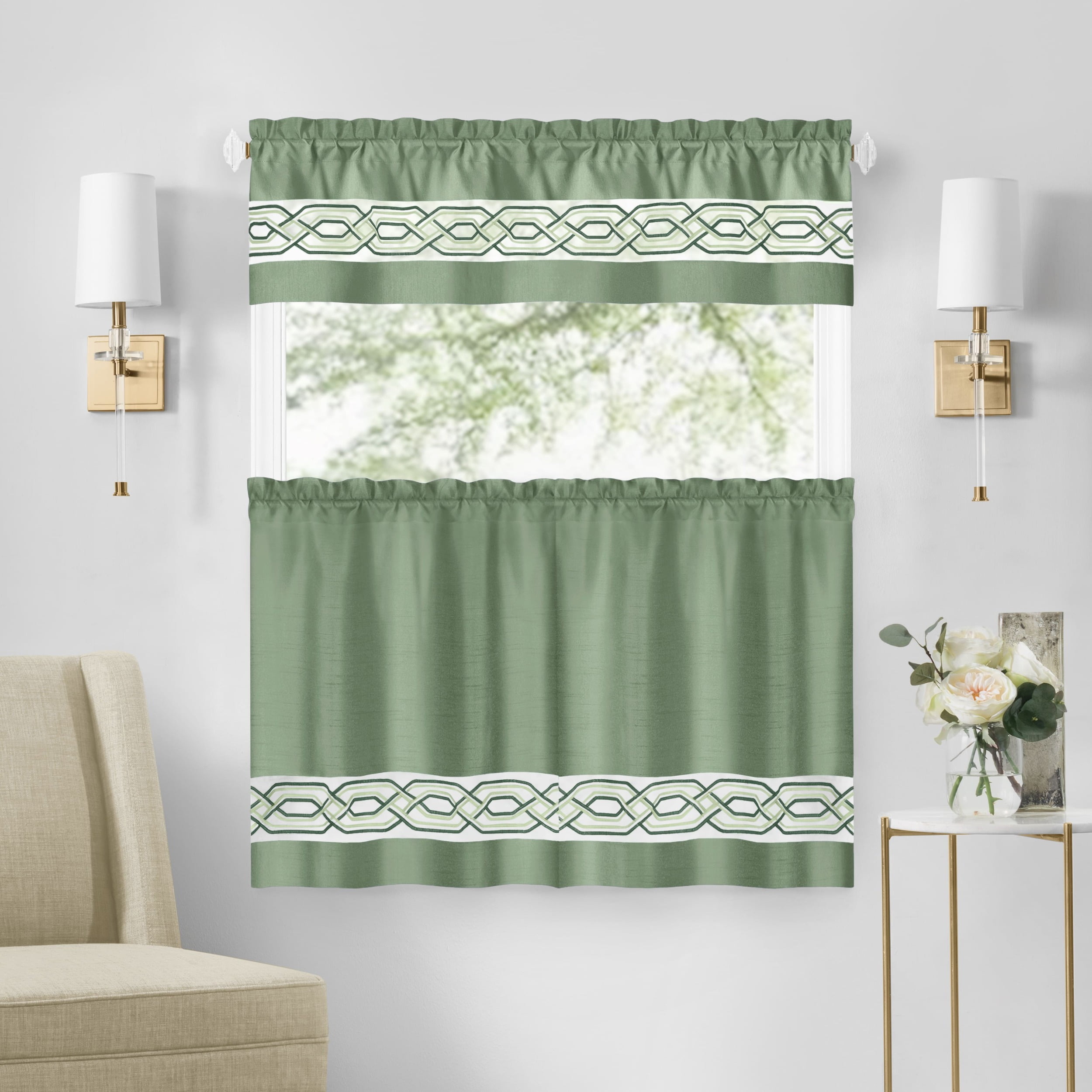 Achim Paige Rod Pocket Light Filtering Tier and Valance Curtain Set, Green, 55" x 36"