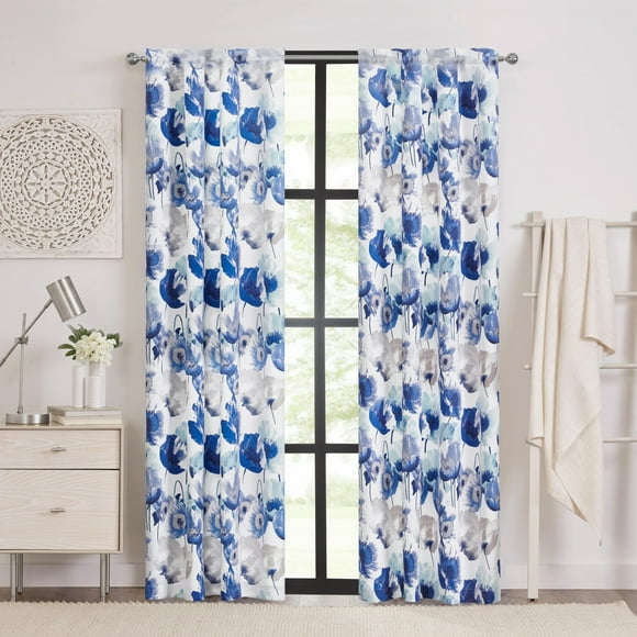 Achim Poppy Field Floral Rod Pocket Room Darkening Curtain Panel, Blue, 50" x 63"